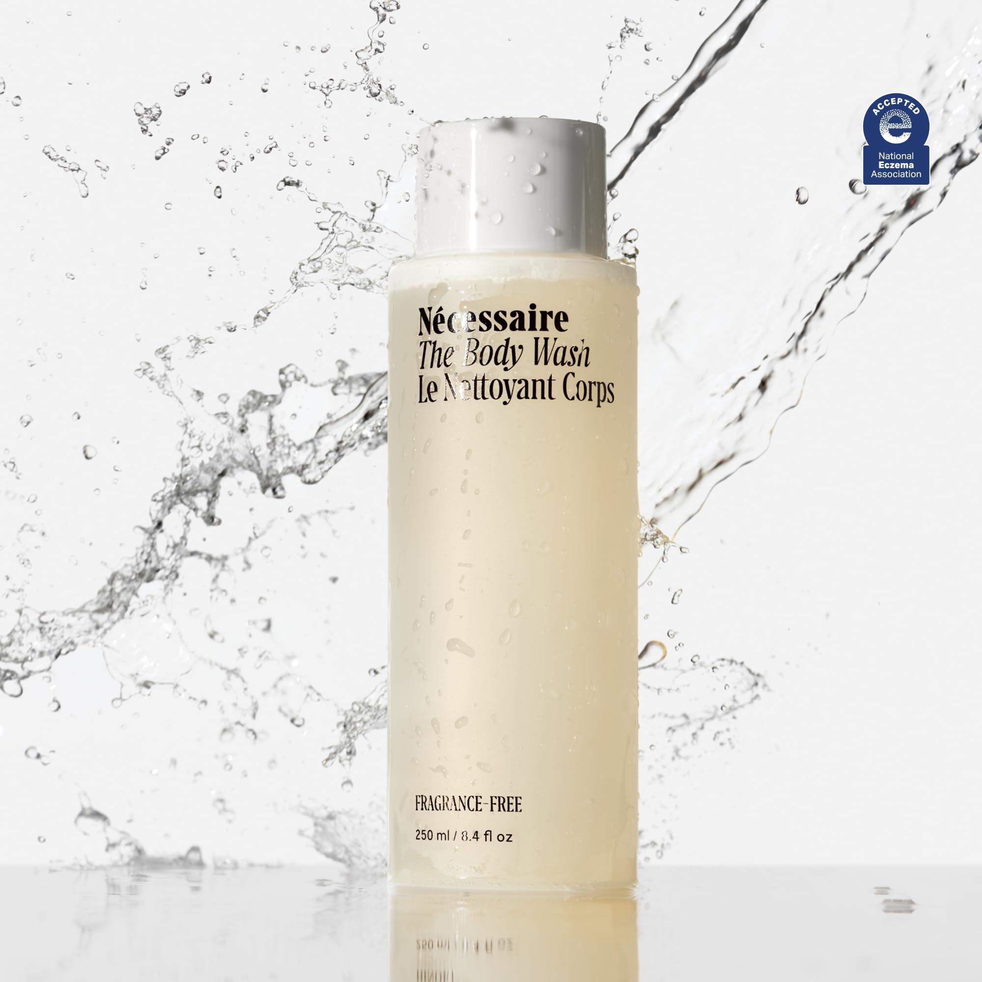 Nécessaire body wash graphic shows ceramides and niacinamide benefits.
