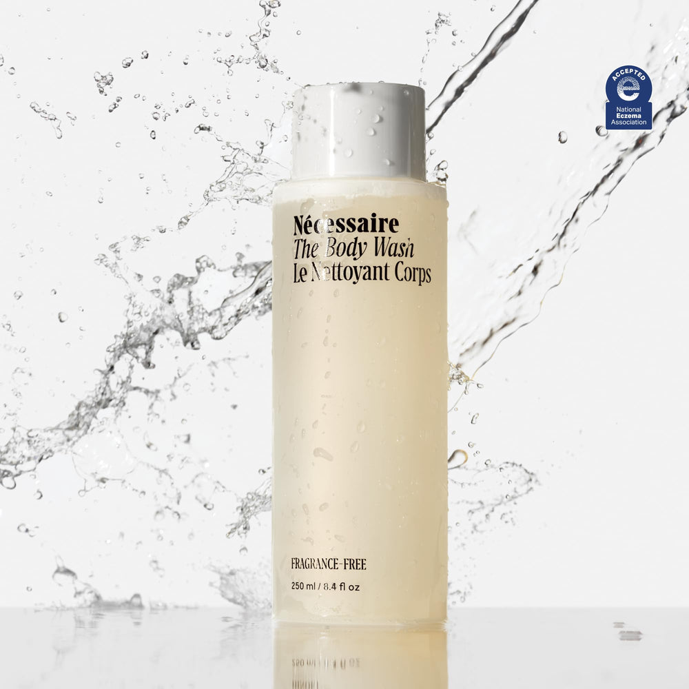 Nécessaire body wash graphic shows ceramides and niacinamide benefits.