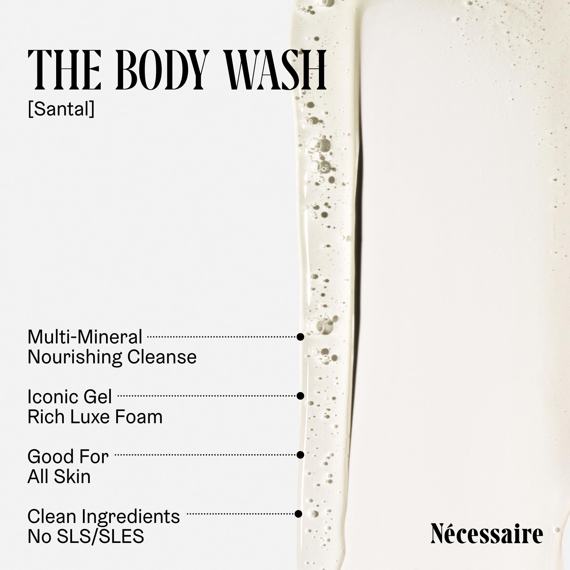 Nécessaire The Body Wash Santal pour close-up highlights smooth pour and rich lather.