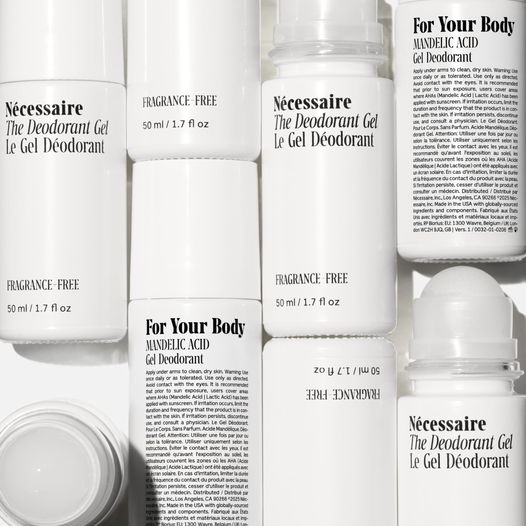 5% AHA label on Nécessaire Deodorant Gel emphasizes odor and discoloration support.