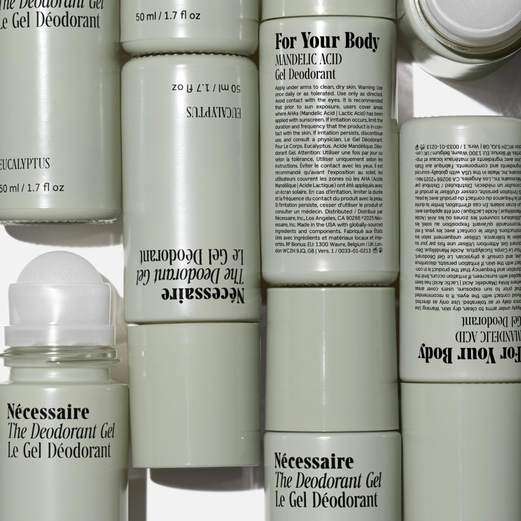 Nécessaire Deodorant Gel Eucalyptus label close-up communicates 5% AHA and vegan status.