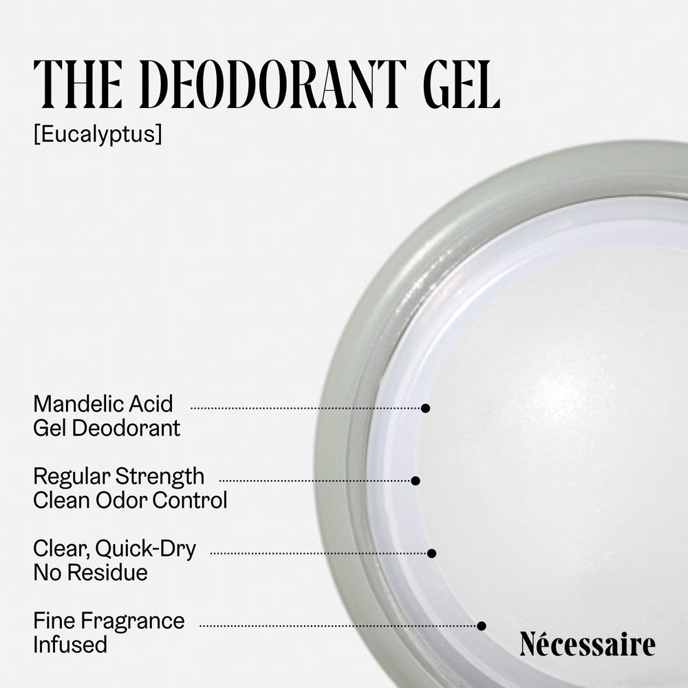 Nécessaire Deodorant Gel Eucalyptus texture close-up highlights clear gel rub-in.