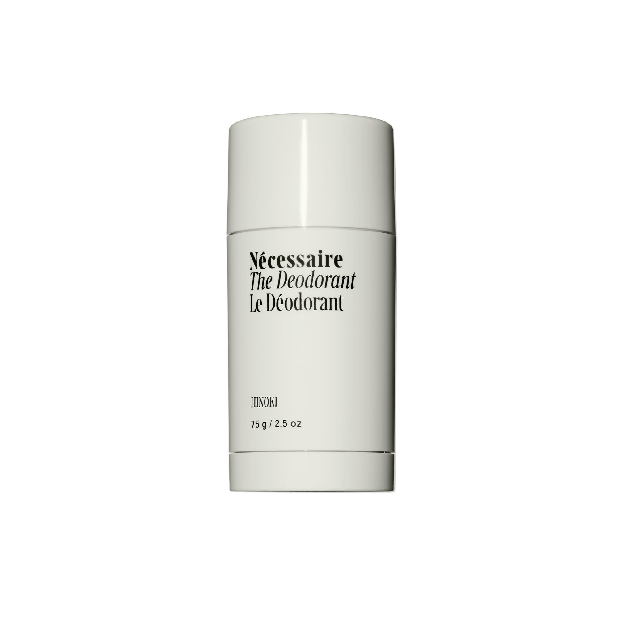 Nécessaire Hinoki deodorant bottle front view showing aluminum-free formula for odor protection.
