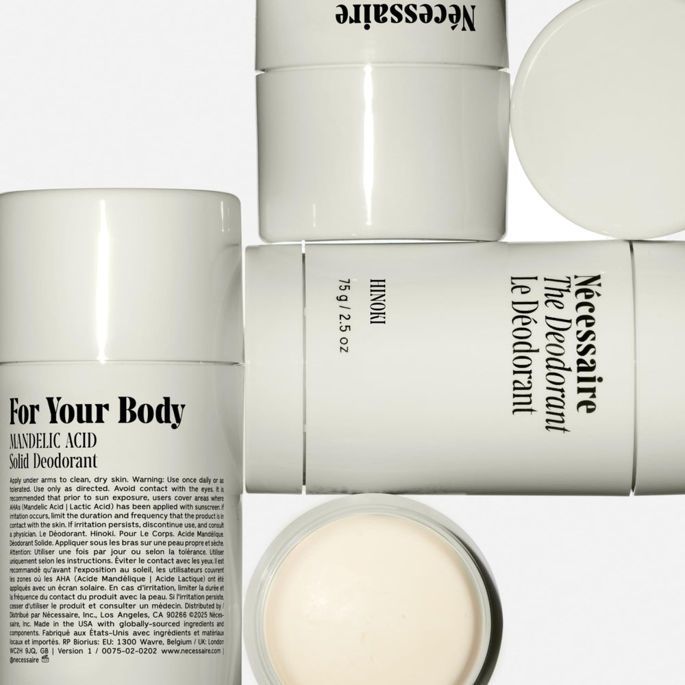 Nécessaire Hinoki mandelic-acid ingredients panel emphasizes gentle odor control and skin care.