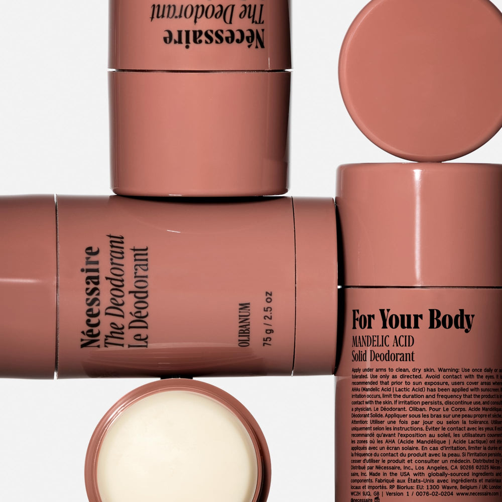Nécessaire Deodorant Olibanum ingredients panel featuring Mandelic Acid and vitamins.