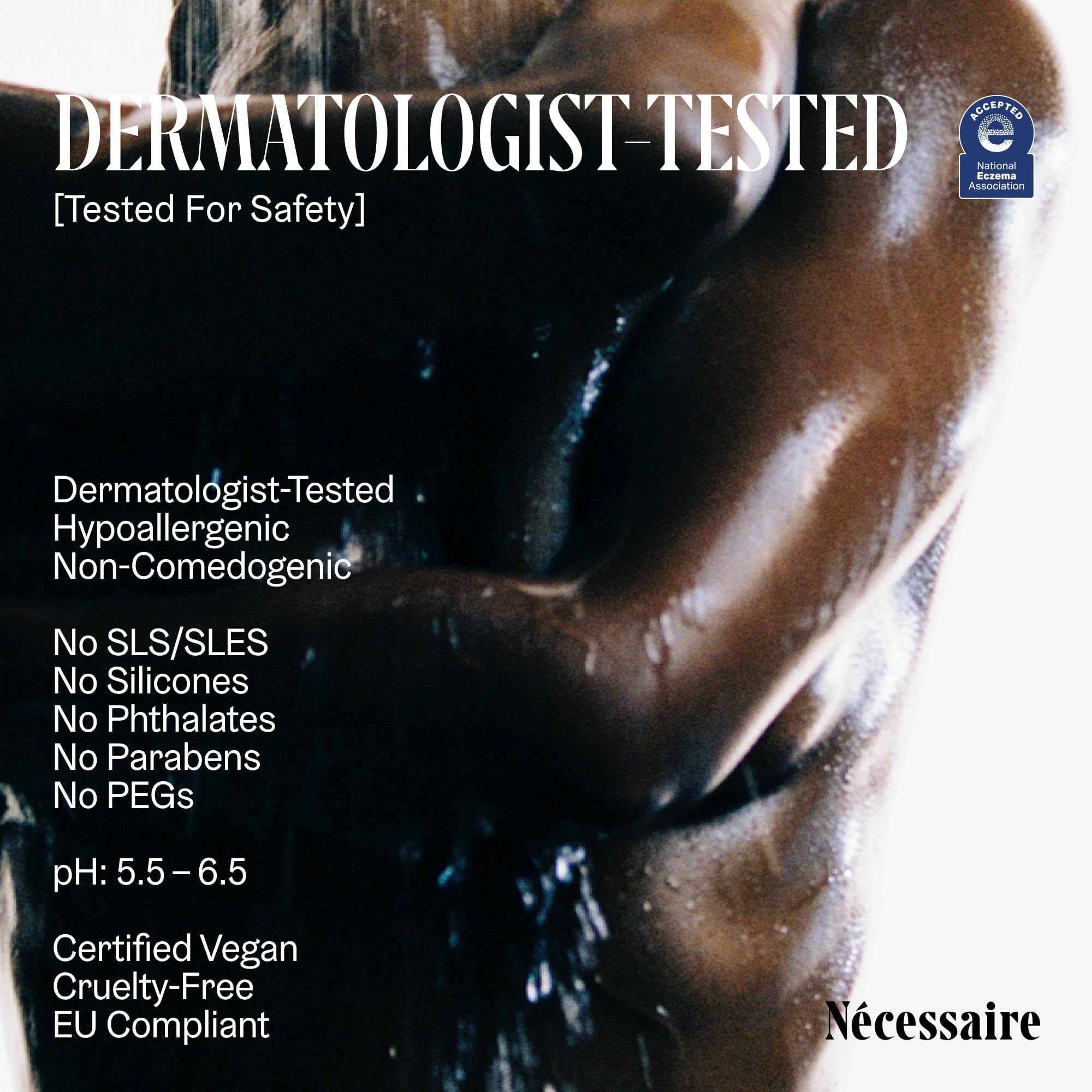 Nécessaire dermatologist-tested label on chic bottle close-up.