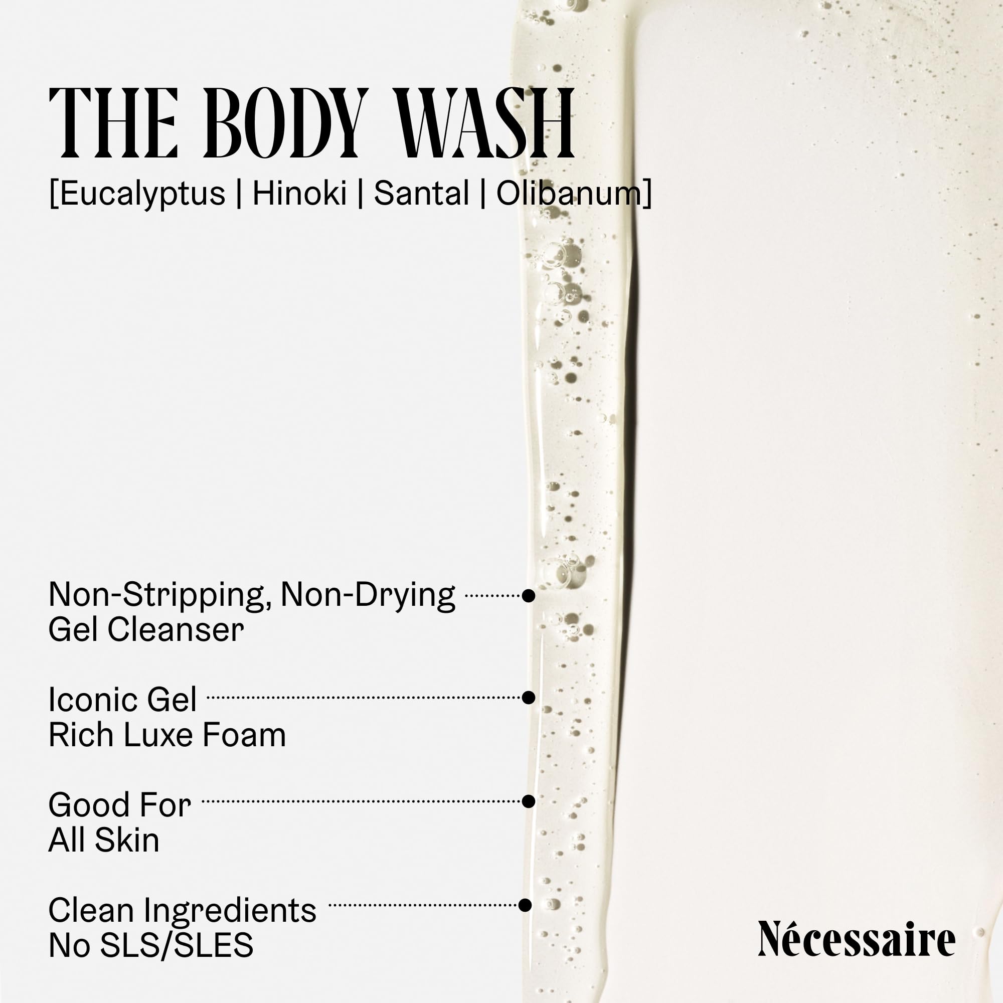 Nécessaire dermatologist-tested label signals skin-friendly cleansing.
