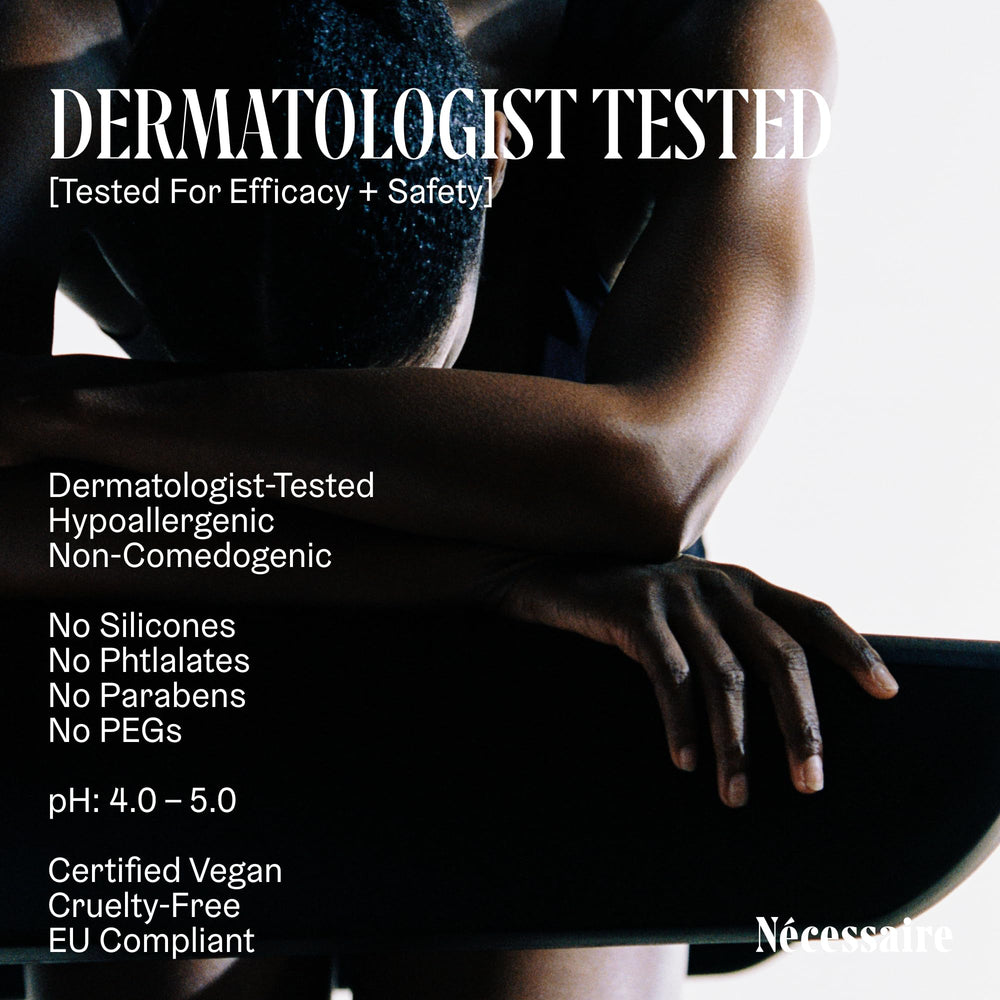 Nécessaire dermatologist-tested stamp signifies skin-safe, non-irritating formulation.
