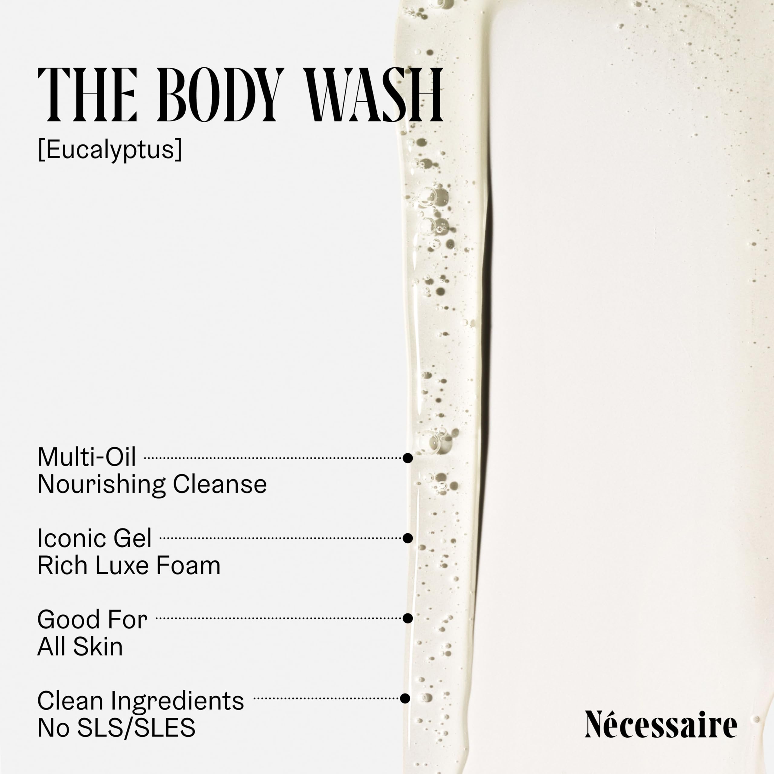 Close-up of Nécessaire Eucalyptus Body Wash lather and plant-based actives