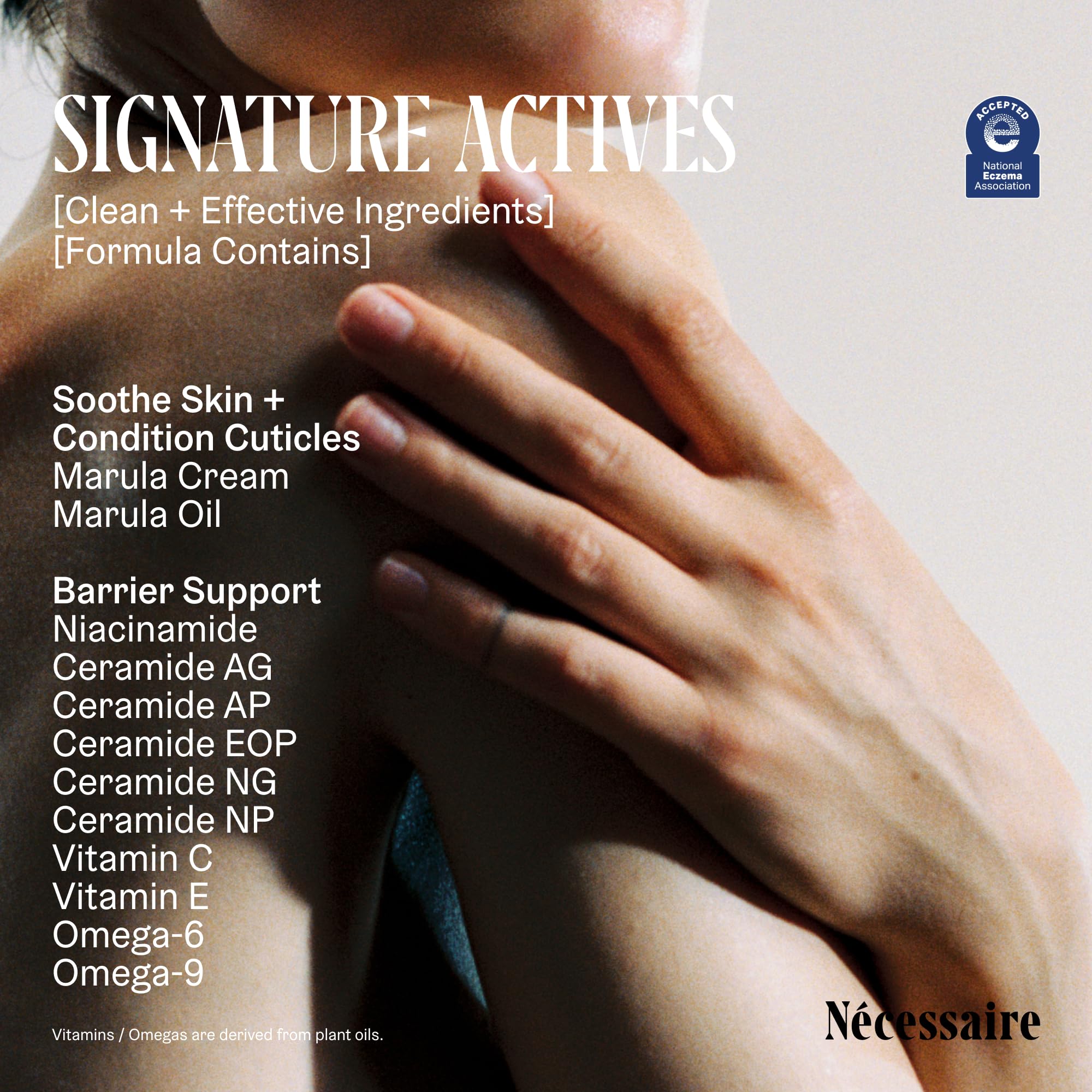 Nécessaire Hand Cream ingredients highlight ceramides and peptides for moisture balance.