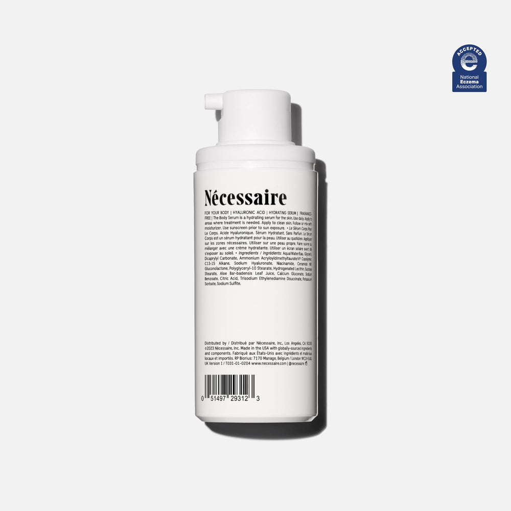 Nécessaire Hyaluronic acid close-up showing multi-weight formula for deep hydration.
