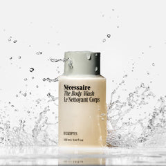 Nécessaire Mini The Body Wash label detail highlights niacinamide and plant oils for skin nourishment