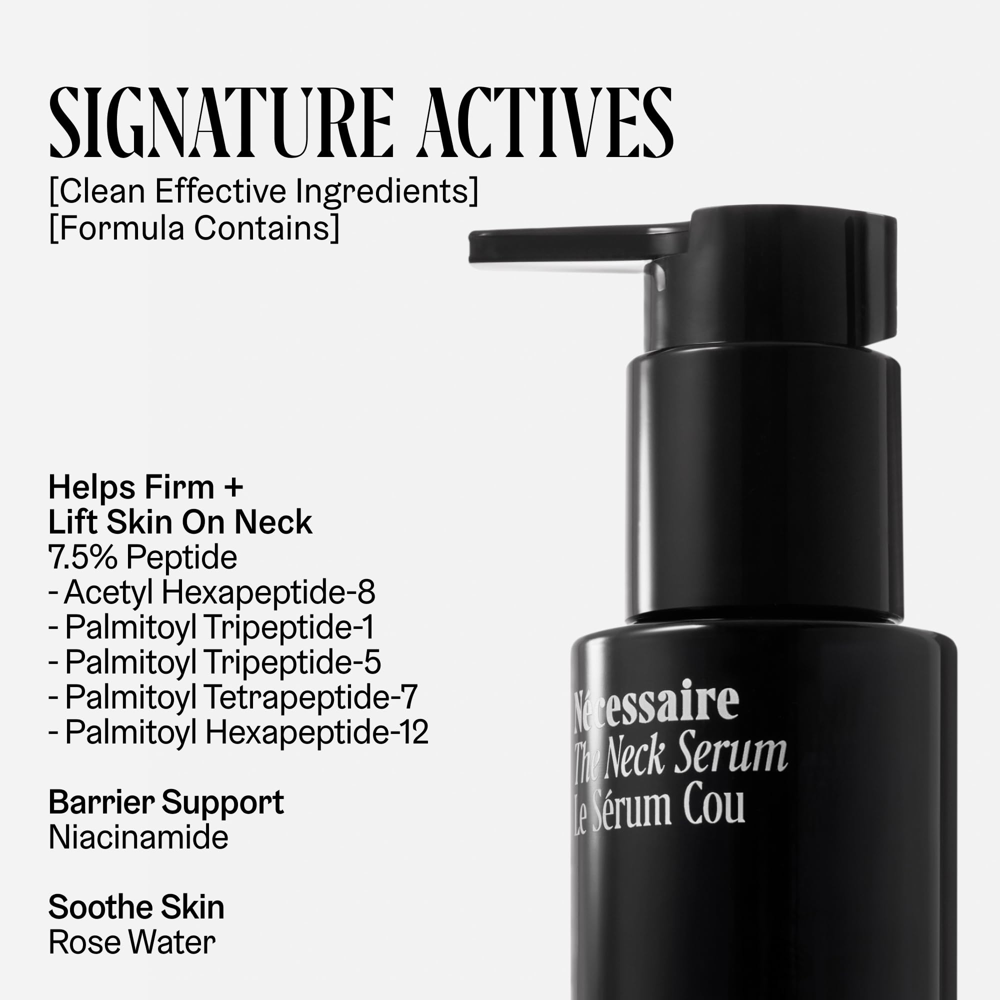 Nécessaire The Neck Serum graphic highlights 5 peptides for collagen-support.