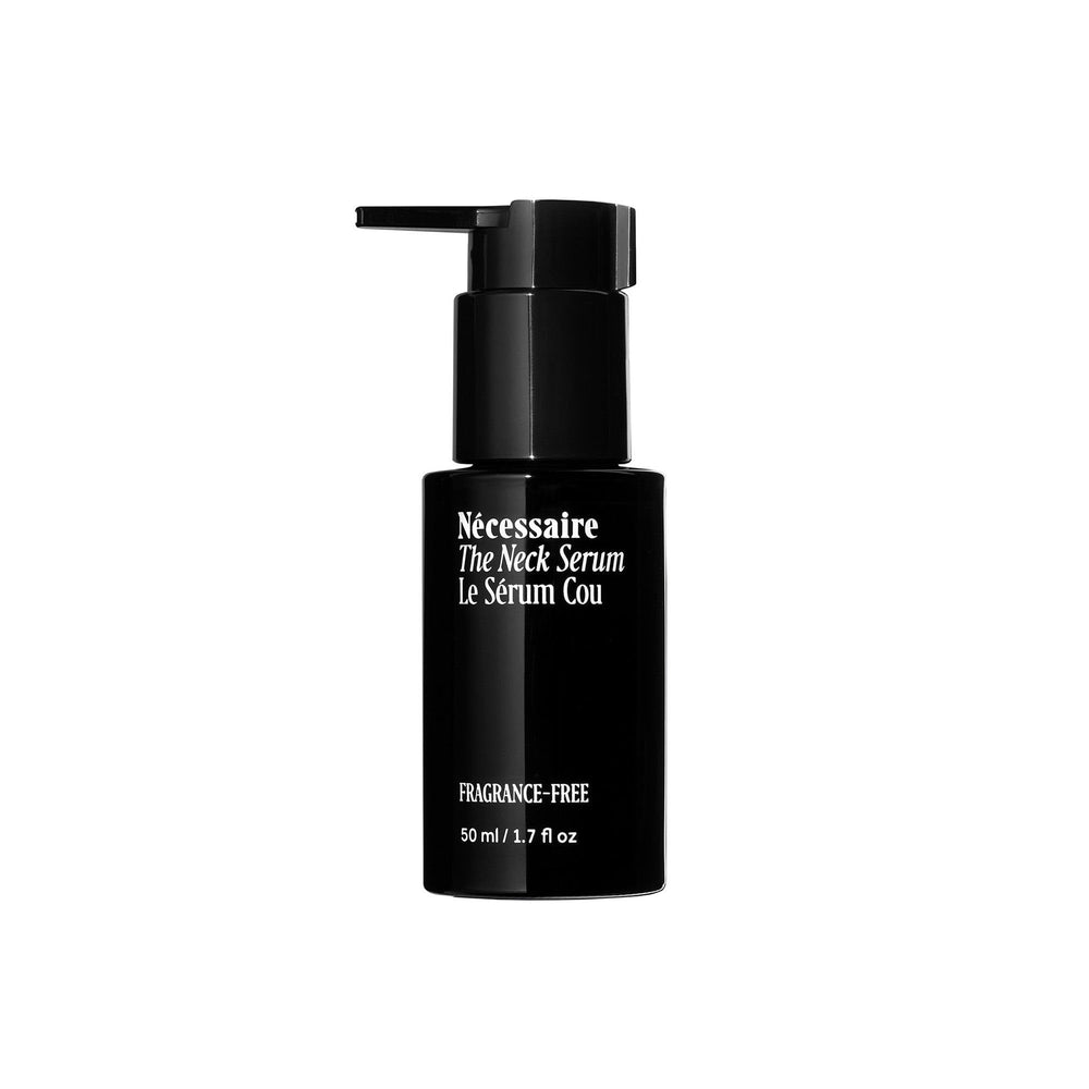Nécessaire The Neck Serum bottle closeup showing fragrance-free formula for sensitive neck skin.