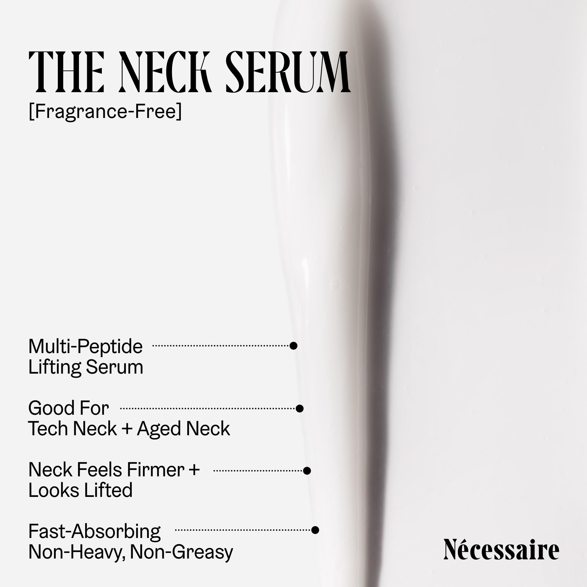 Nécessaire The Neck Serum label closeup highlighting fragrance-free, hypoallergenic formula.
