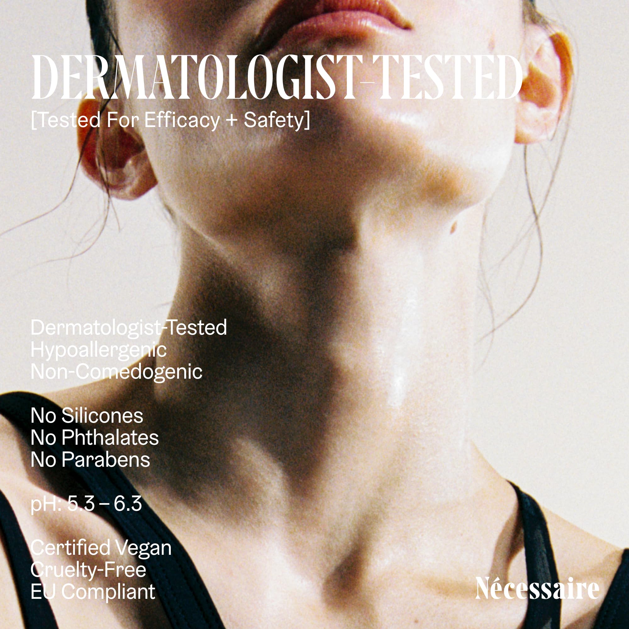 Nécessaire The Neck Serum ingredient panel featuring Niacinamide and Rosewater.