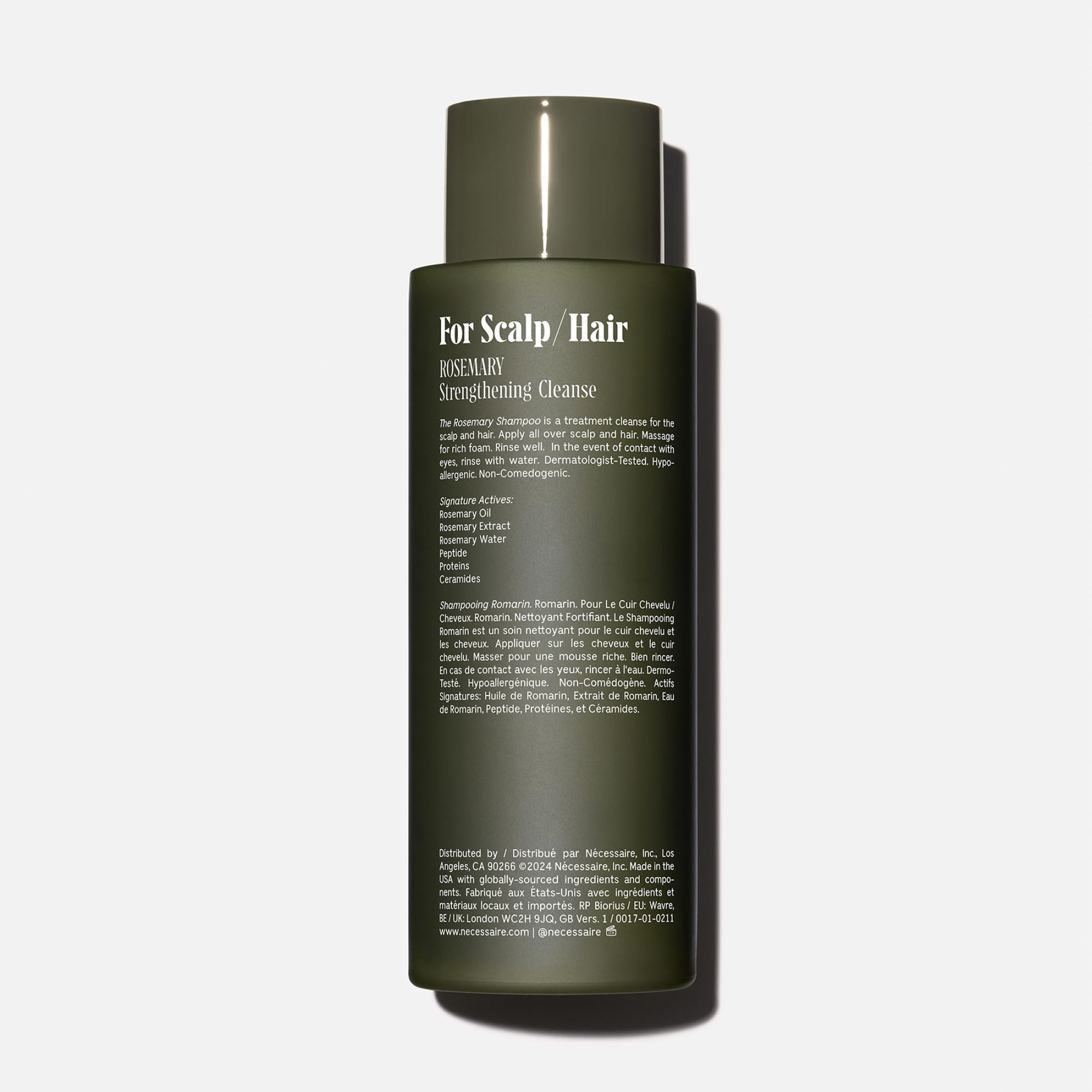Close-up of Nécessaire Rosemary Shampoo ingredients featuring rosemary and ceramides