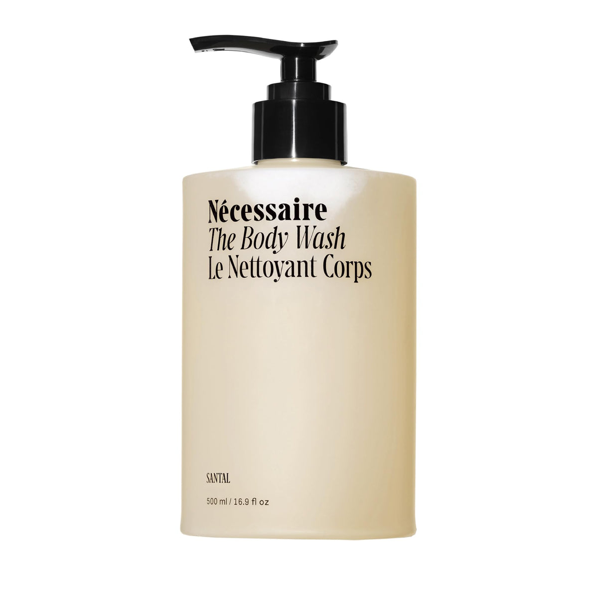 Nécessaire Santal bottle on shelf for daily skin cleanse.