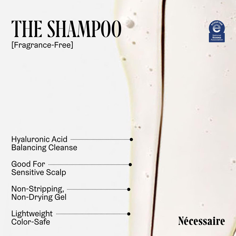 Nécessaire The Shampoo ingredients highlighting hyaluronic acid and niacinamide.