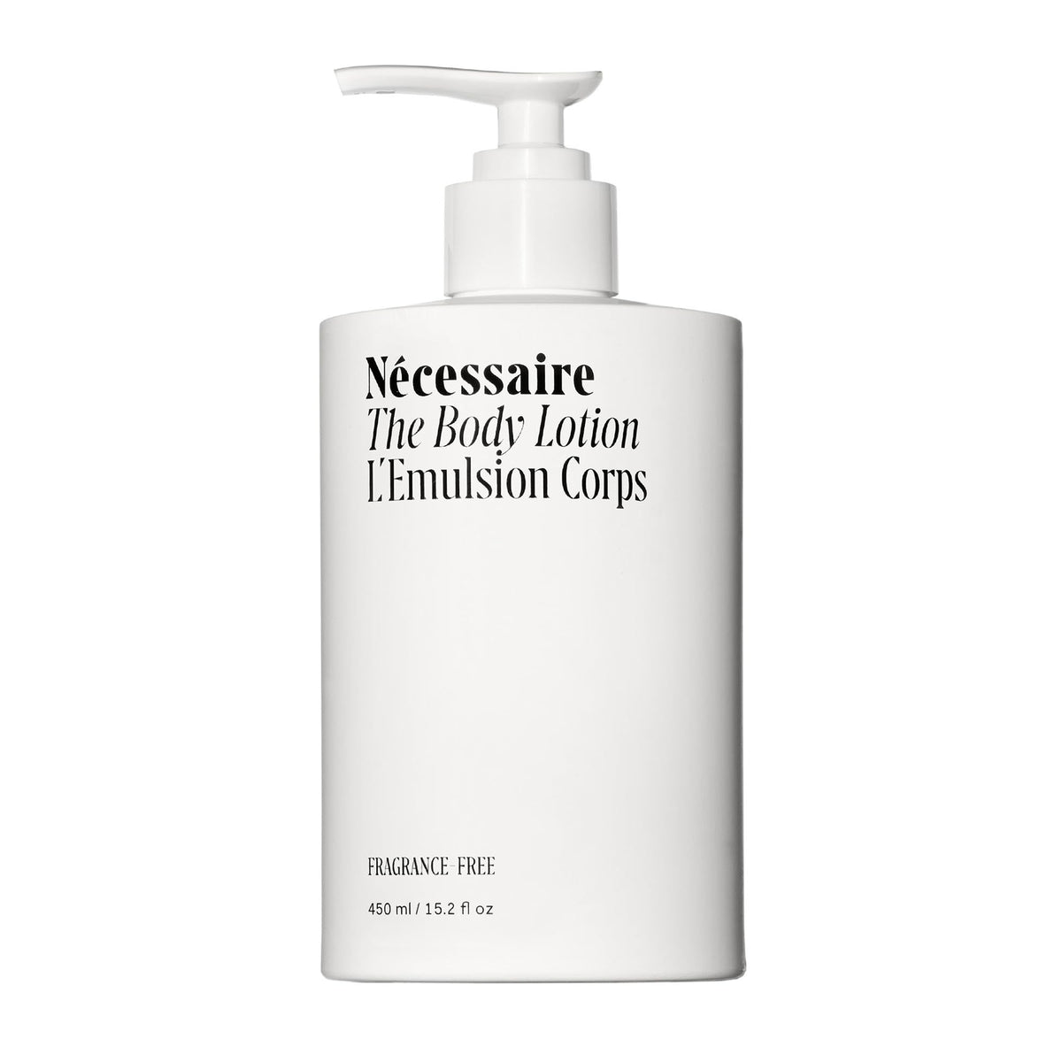 Nécessaire The Body Lotion fragrance-free pump bottle provides easy daily hydration for sensitive skin