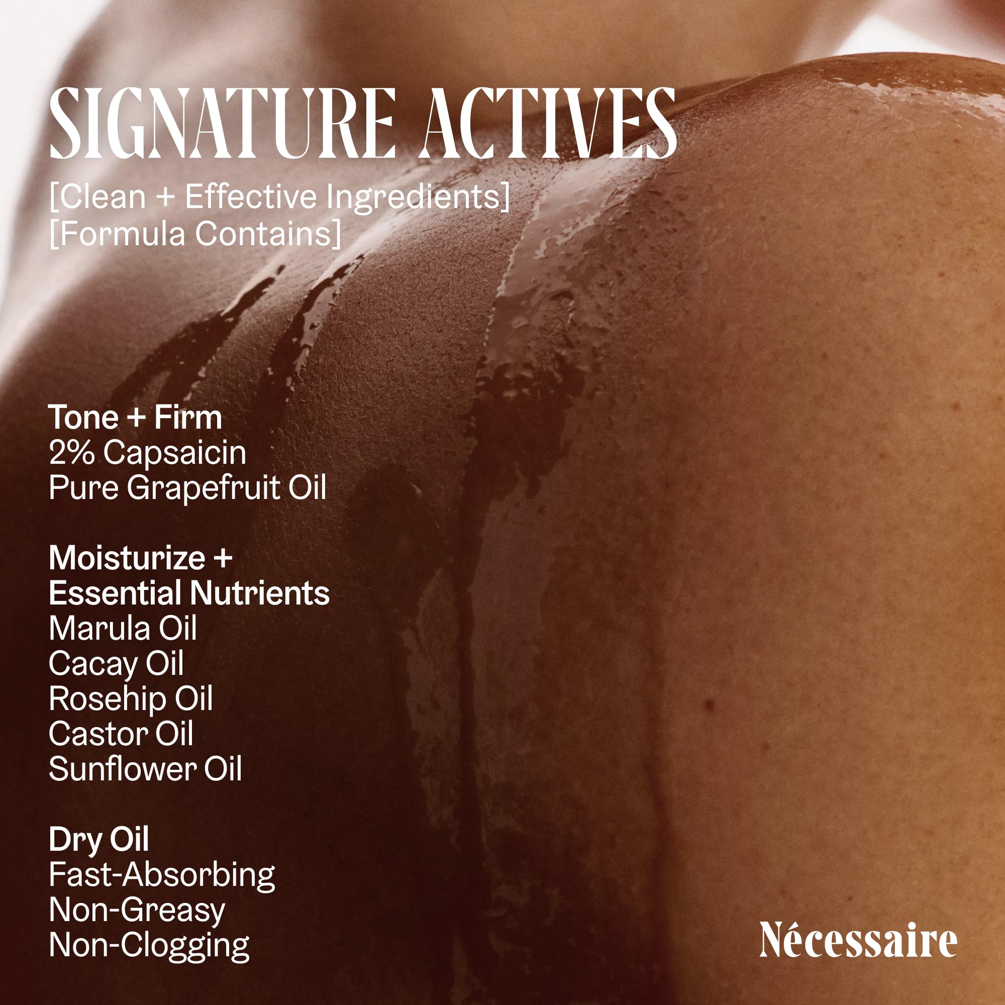 Nécessaire The Body Oil on skin glow closeup highlighting radiant finish.