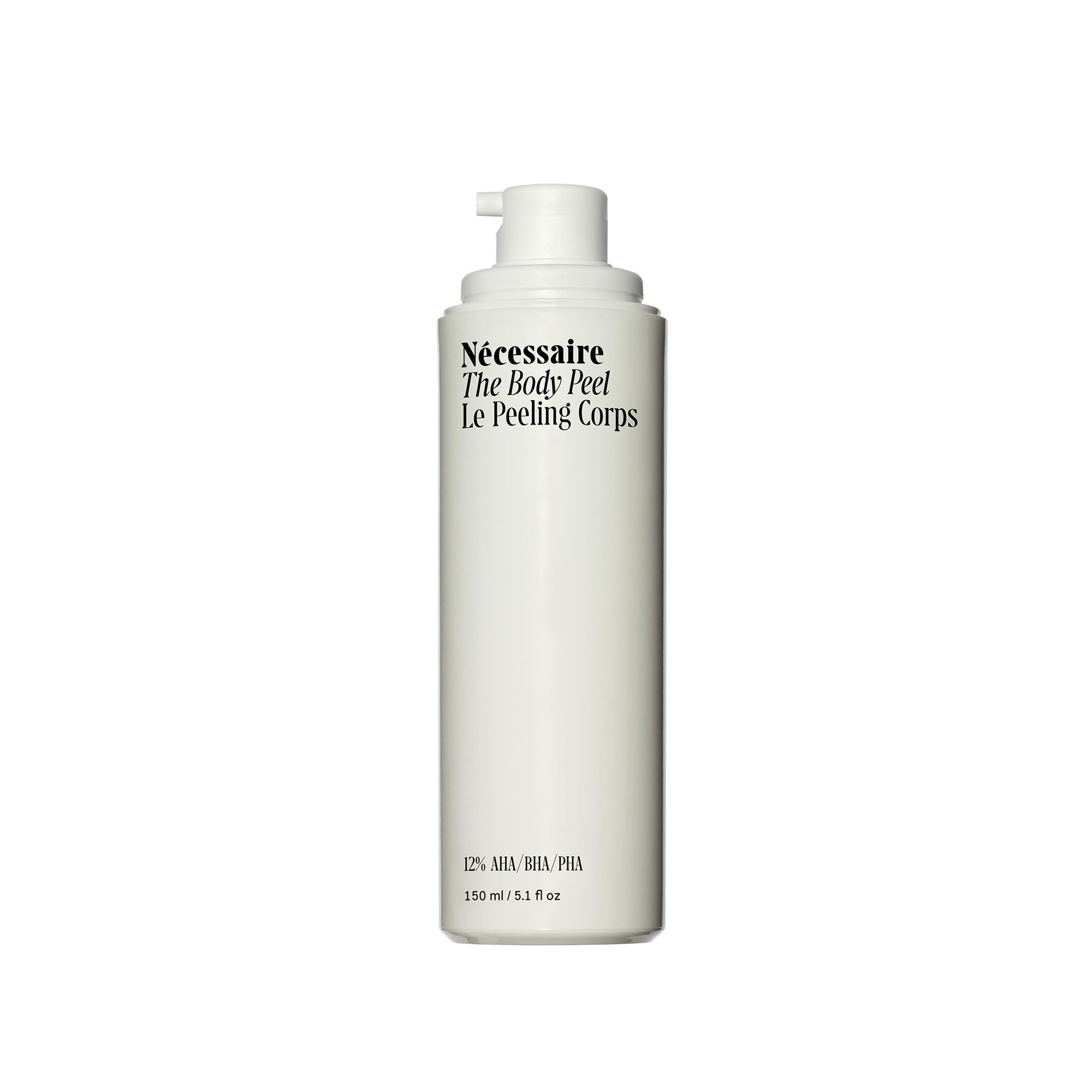 Nécessaire The Body Peel bottle closeup showing resurfacing formula for smoother skin