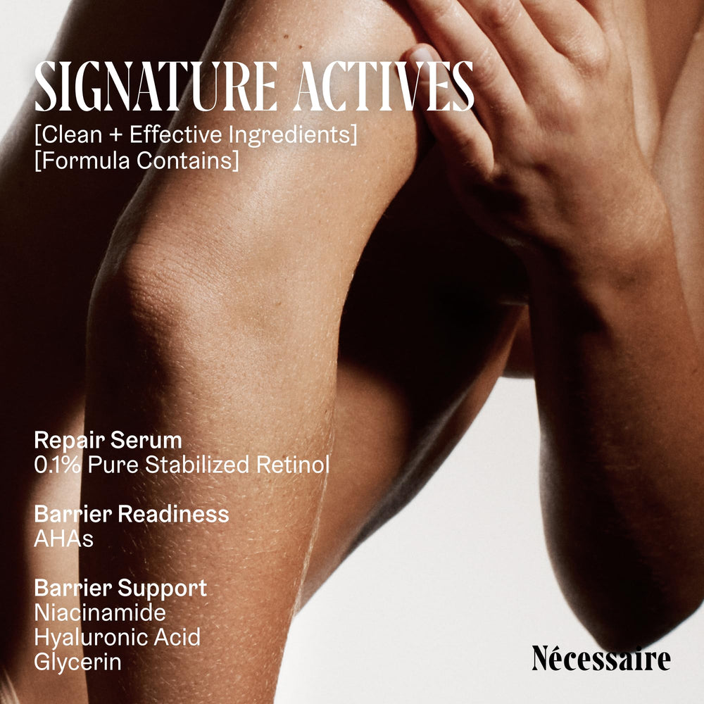 Nécessaire The Body Retinol lotion texture closeup showing non-greasy finish.