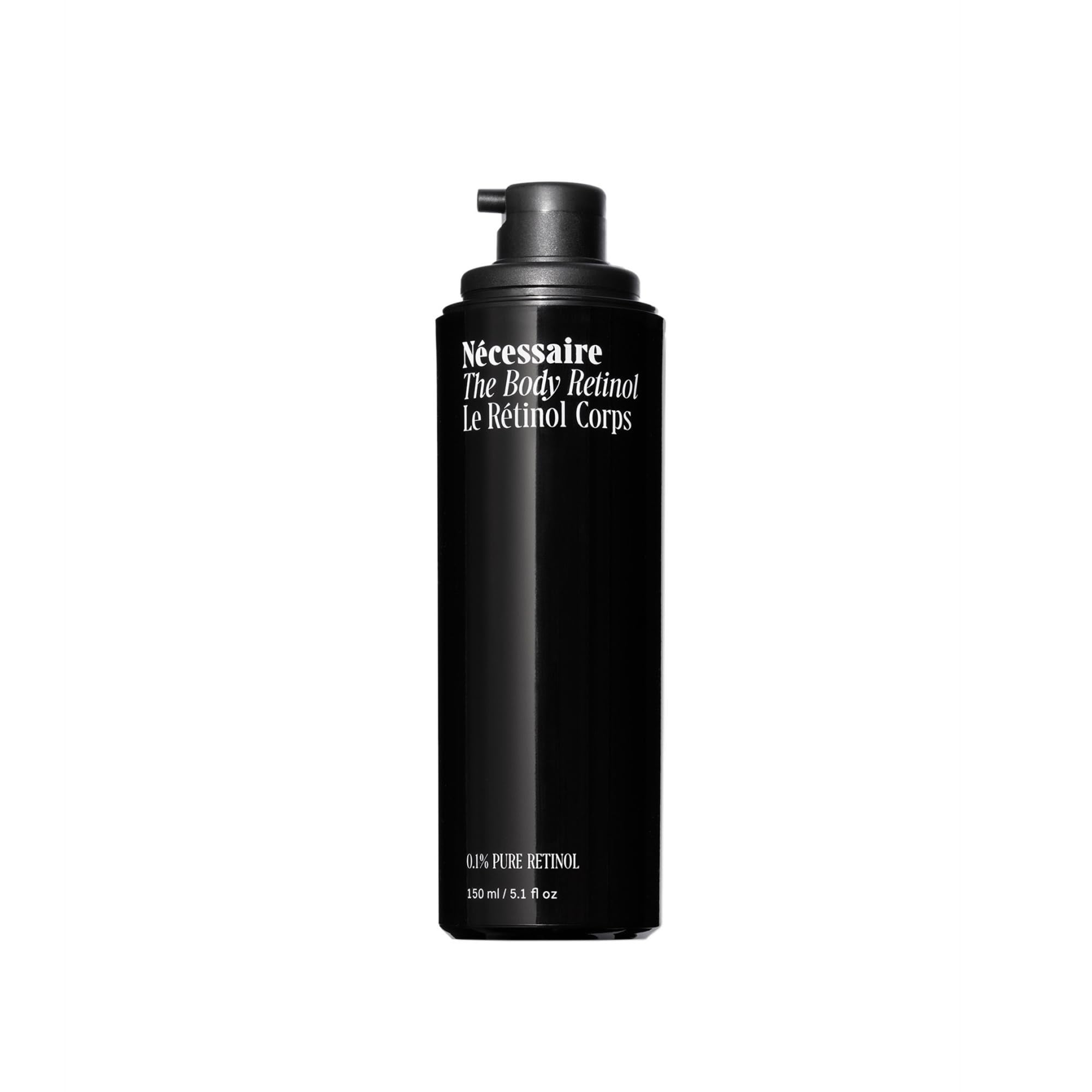 Nécessaire The Body Retinol serum bottle closeup showing lightweight texture for smoother skin.
