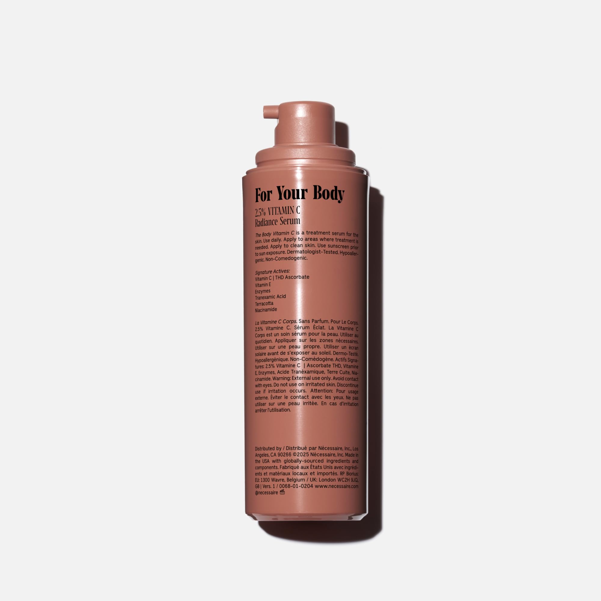 Nécessaire The Body Vitamin C Serum texture close-up shows a lightweight, quick-absorbing feel.