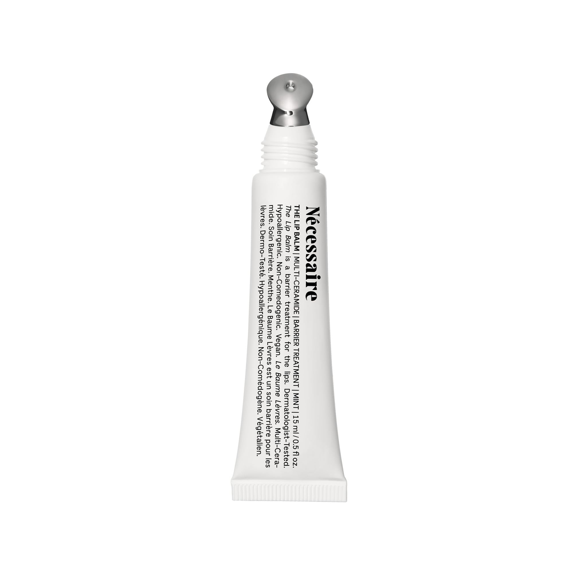 Nécessaire The Lip Balm in clear tube delivers instant hydration with a cooling sensation.