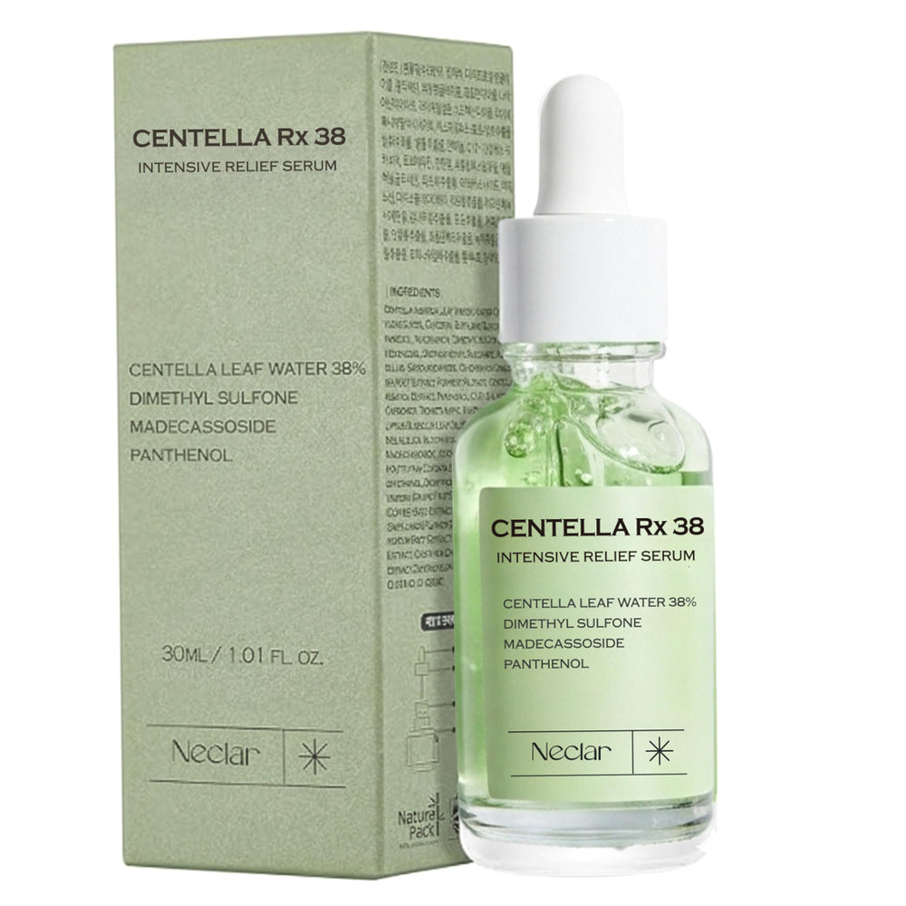 Neclar Centella Asiatica Serum bottle closeup highlighting a calming formula for redness-prone skin.