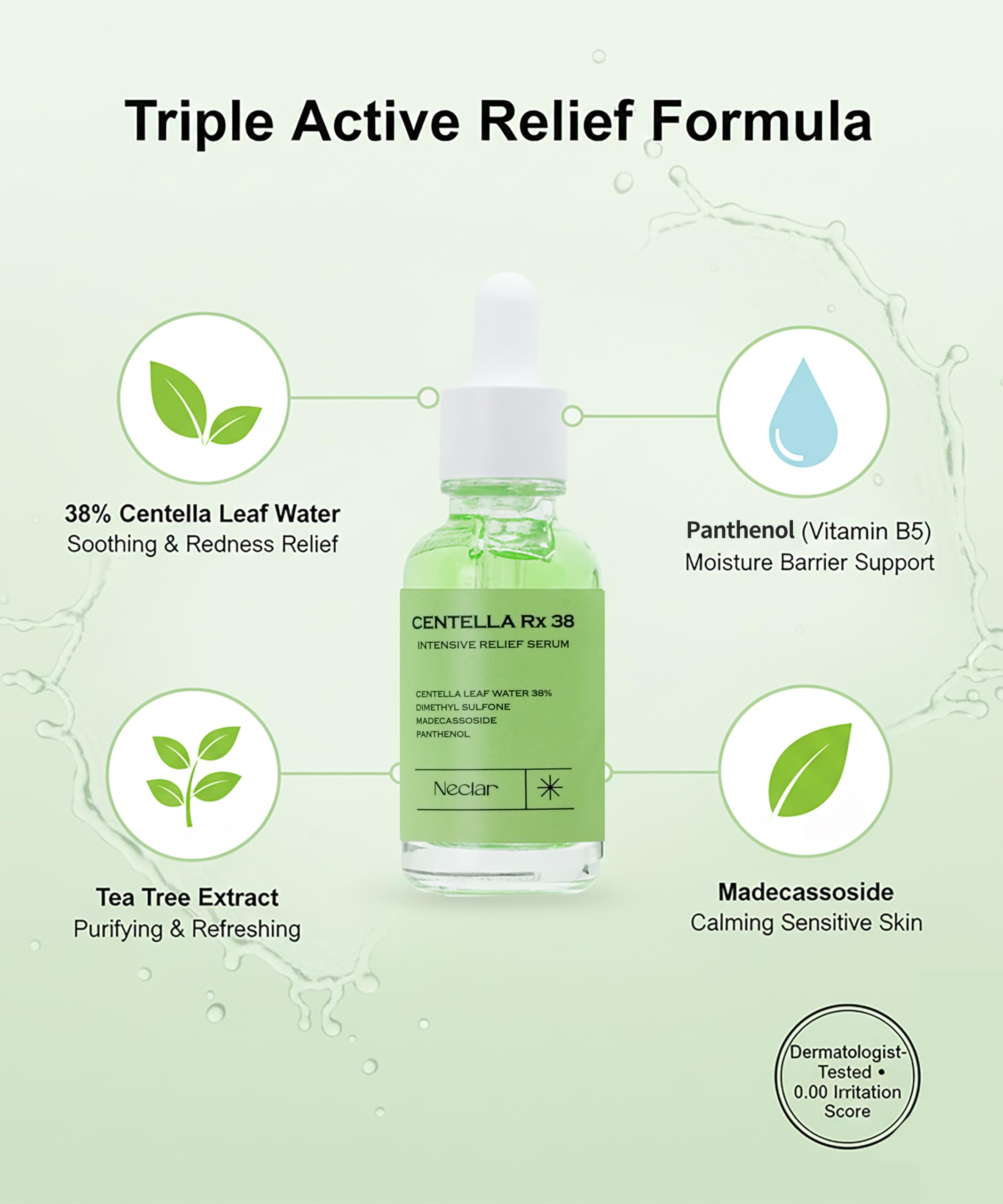 Neclar Centella Asiatica serum dropper illustrates gentle daily calming routine.