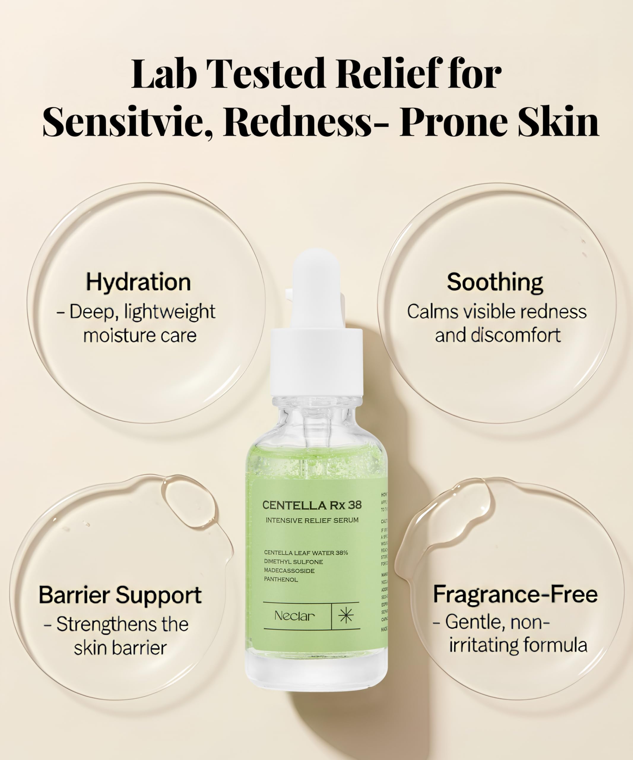 Neclar Centella Serum texture swirl emphasizes lightweight calming hydration.