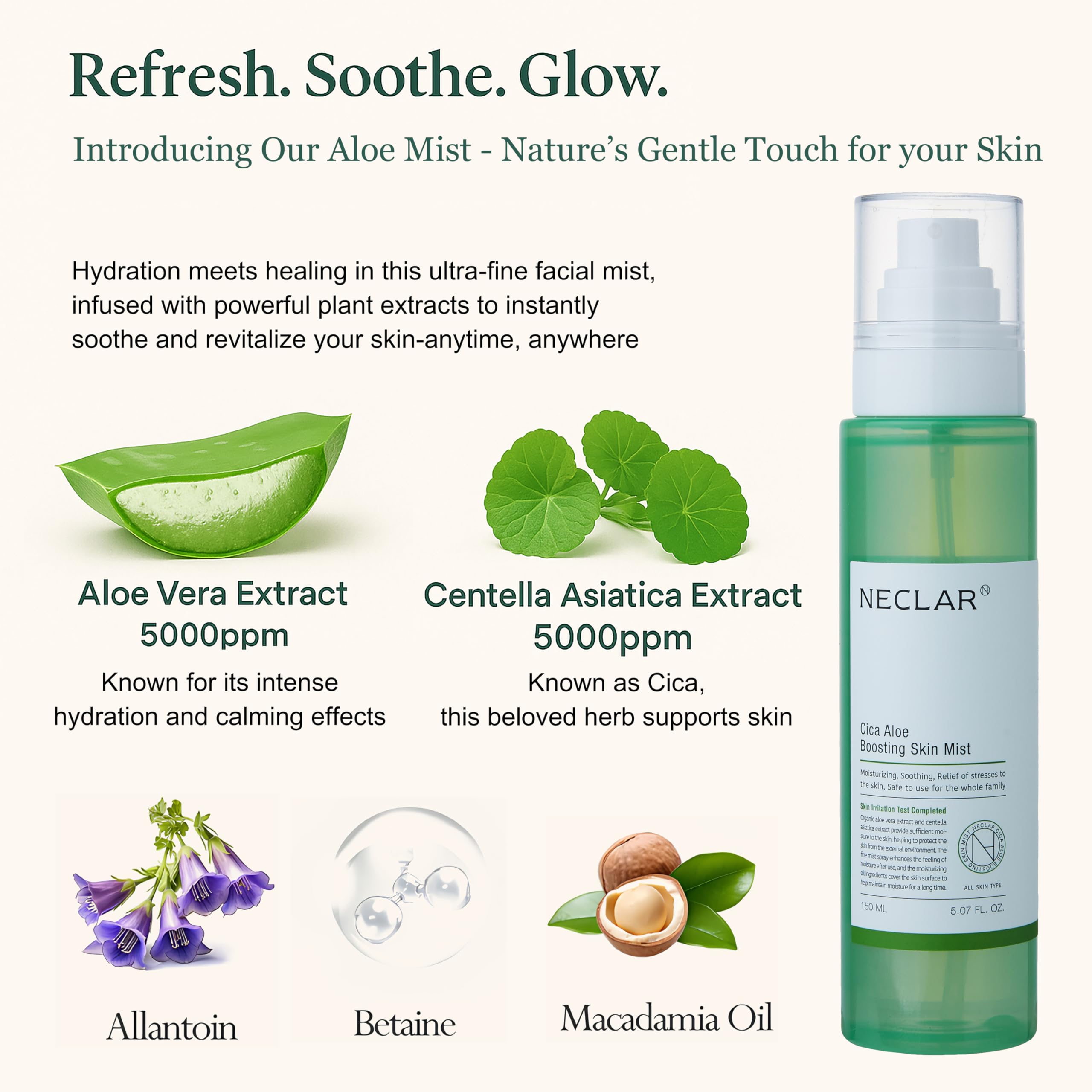 Neclar CICA Aloe Toner Spray close-up shows skin texture calming usage.