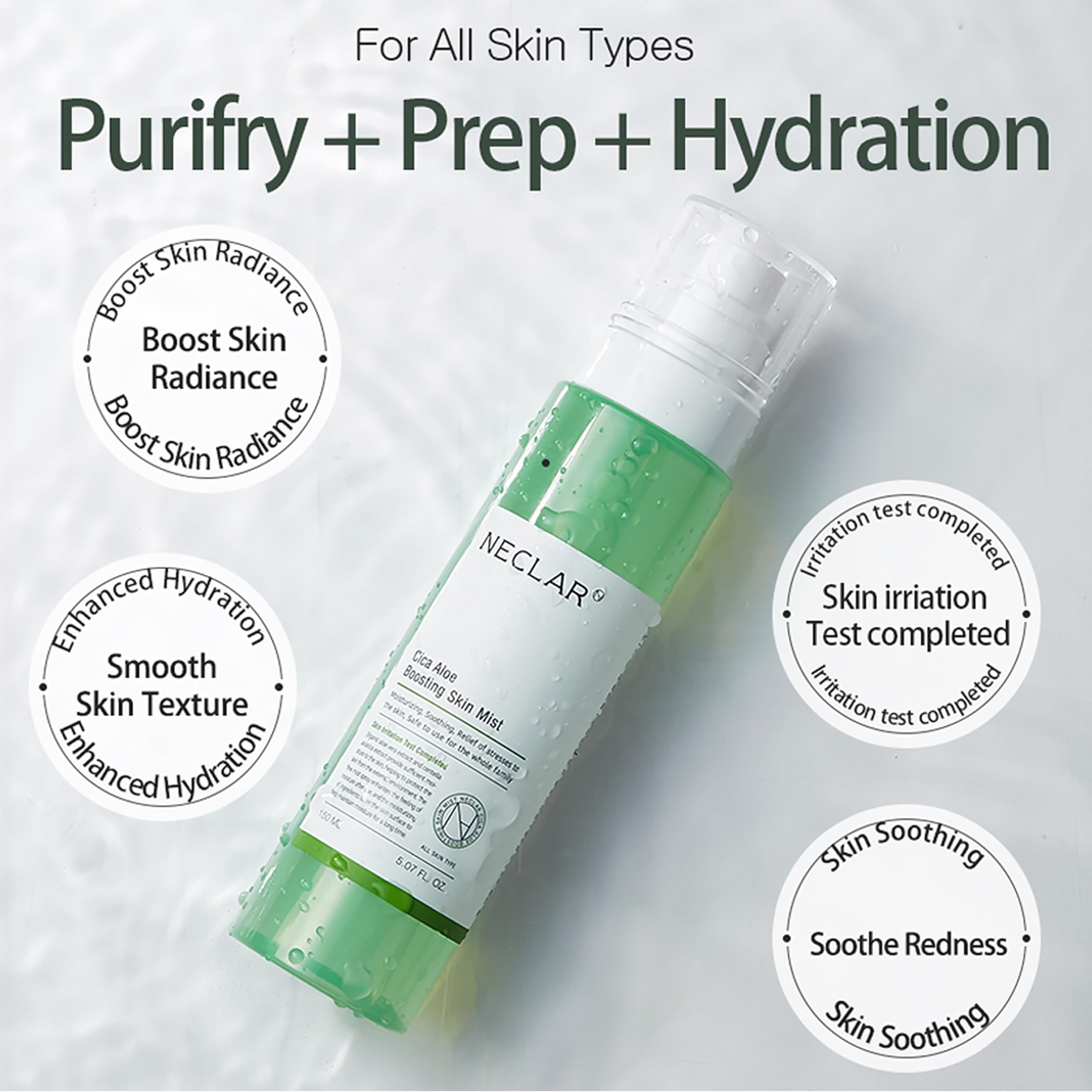 Neclar CICA Aloe Toner Spray mist being dispensed for quick refresh.