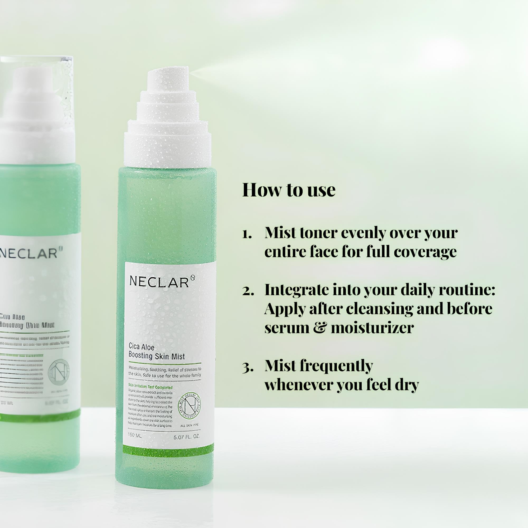 Neclar CICA Aloe Toner Spray travel-size bottle for on-the-go hydration.