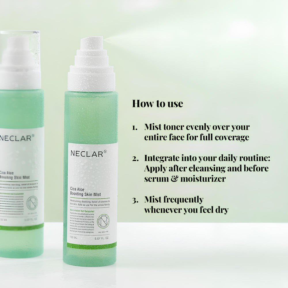 Neclar CICA Aloe Toner Spray travel-size bottle for on-the-go hydration.