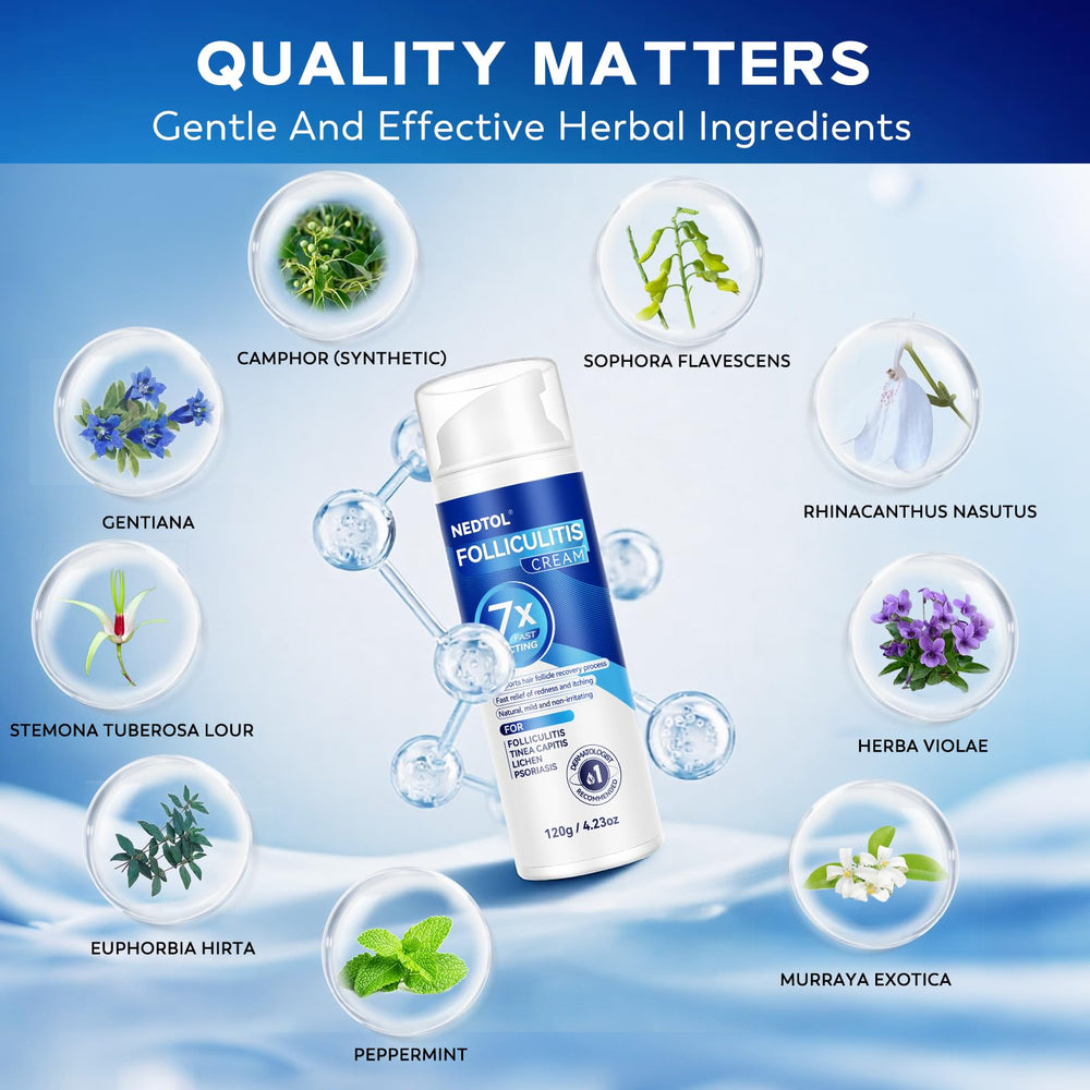 Nedtol Folliculitis Cream bottle label emphasizes 7X fast-acting antibacterial formula.