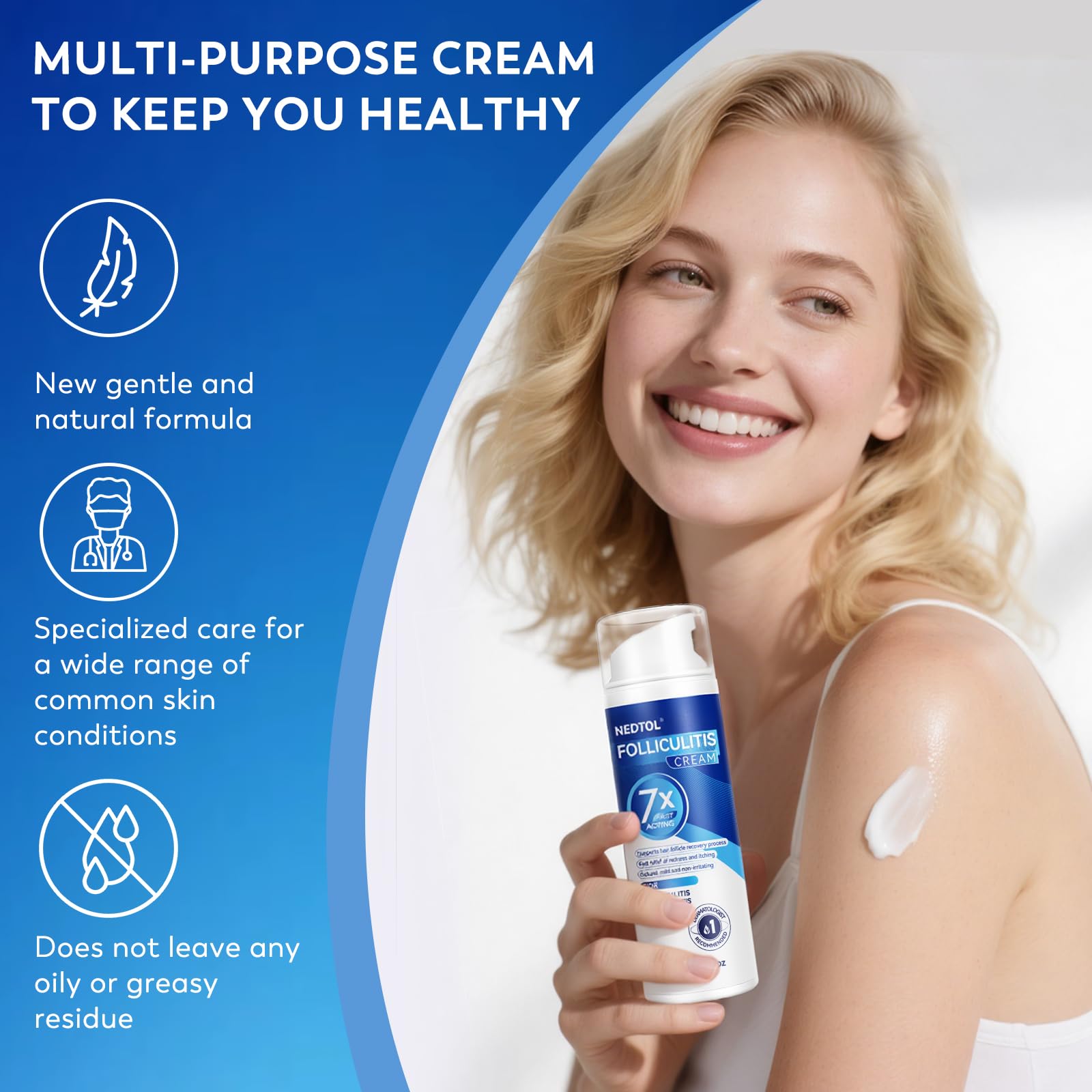 Nedtol Folliculitis Cream non-greasy texture closeup highlights fast-absorbing barrier support.