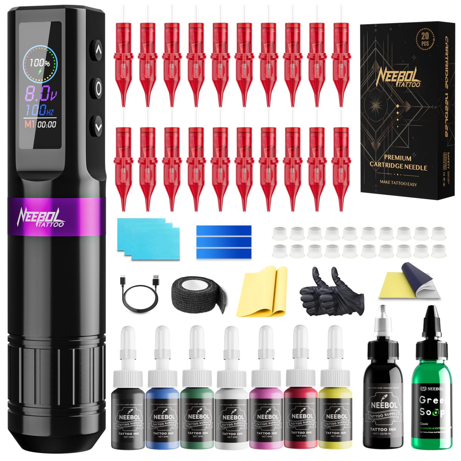 Neebol LED display tattoo gun showing real-time session data for precise control