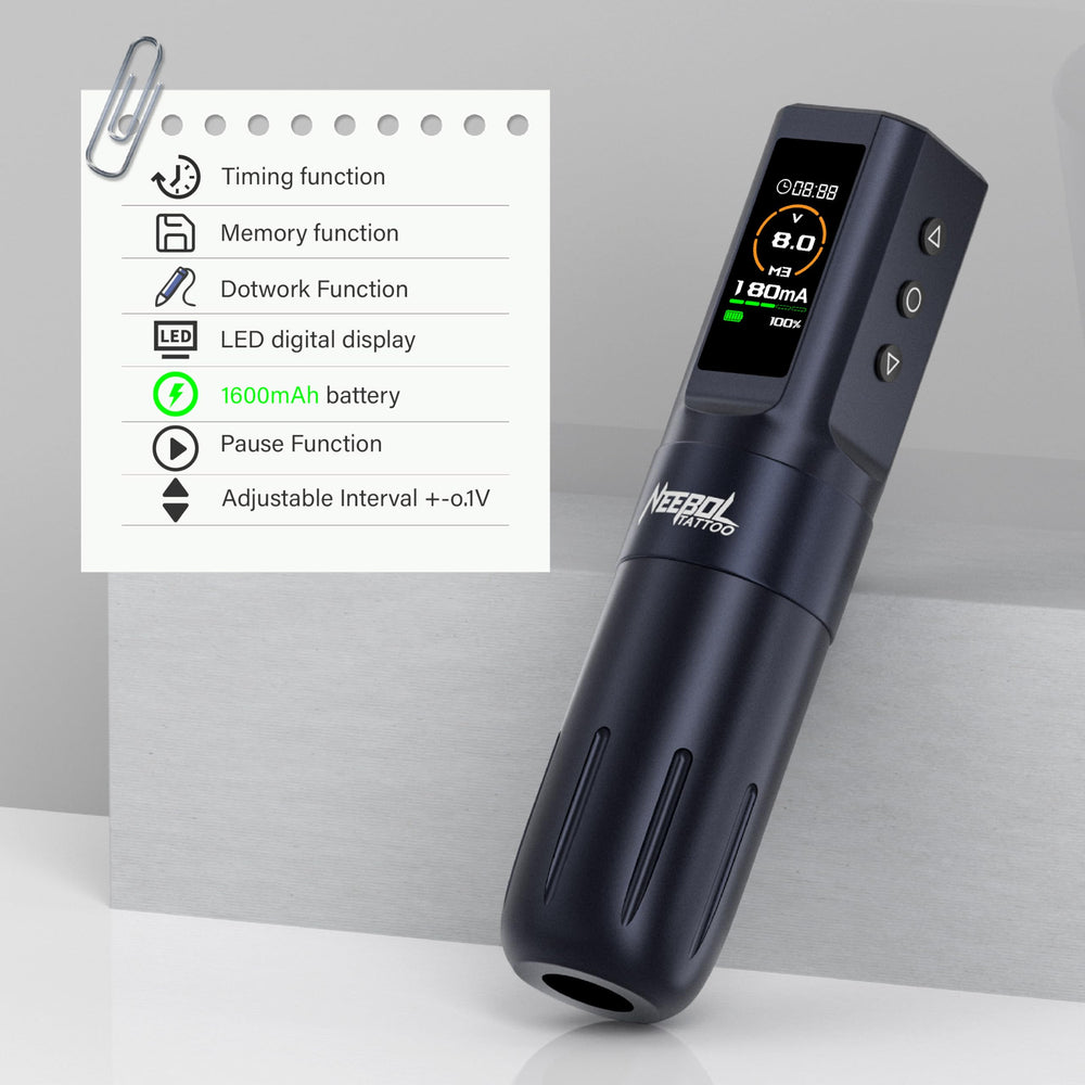 Neebol tattoo gun with 3 memory modes for easier task switching.