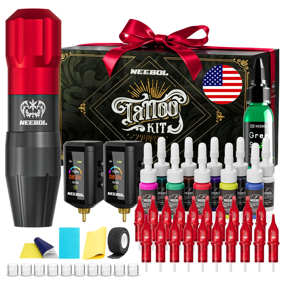 Neebol tattoo gun kit box opening shows complete starter setup for beginners
