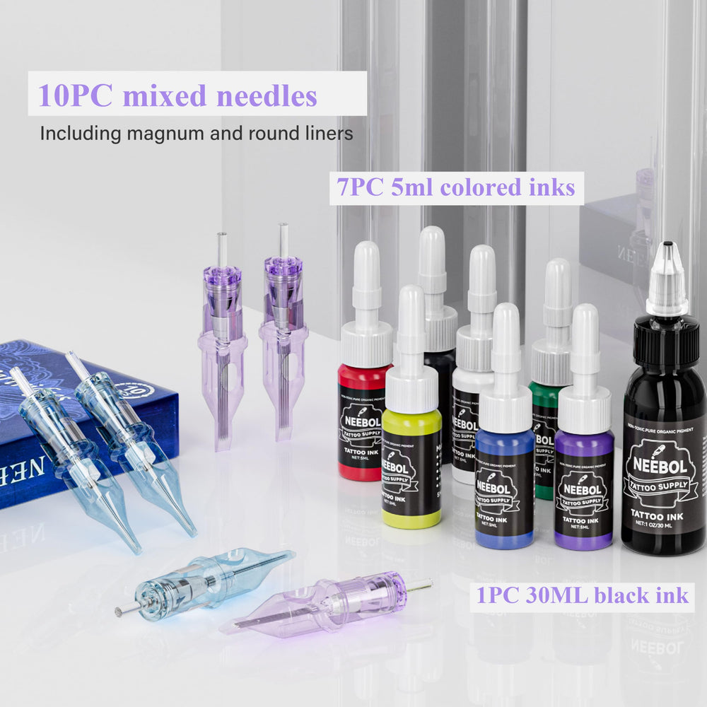 Neebol tattoo kit battery and charger image highlights long cordless sessions.