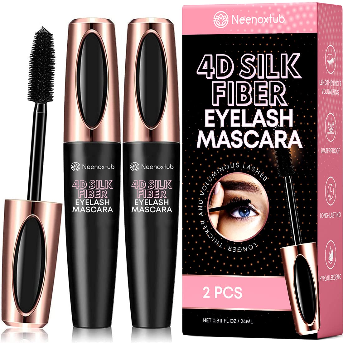 Neenoxtub 4D Silk Fiber Lash Mascara tube front for bold definition and instant lift.
