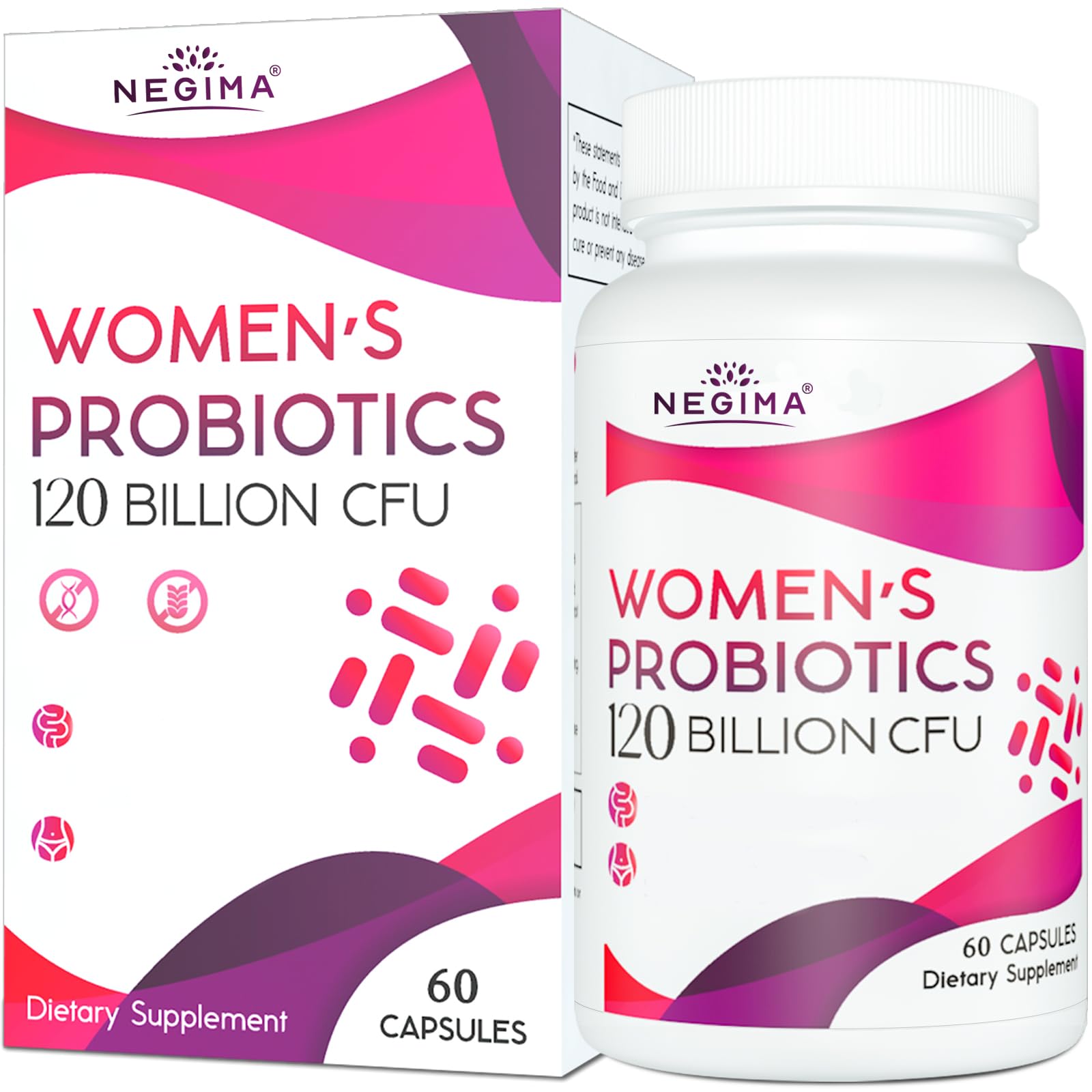 Negima menopause bottle front displaying 120 billion CFU probiotics for daily support