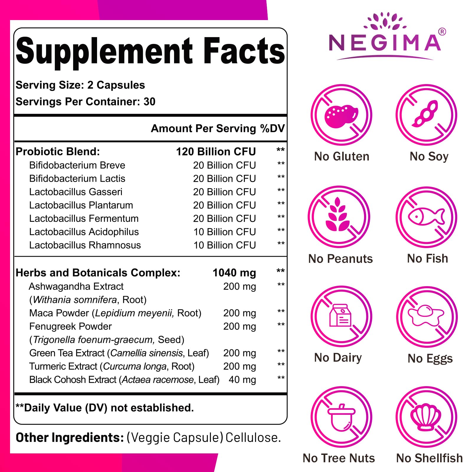 Negima menopause capsules closeup emphasizing 120 billion CFU probiotics