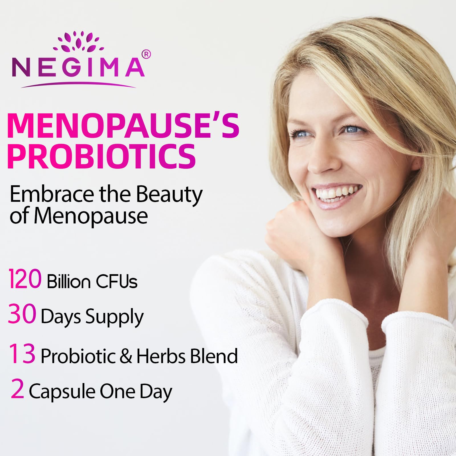 Negima menopause daily-use setup illustrates a 30-day supply for monthly wellness