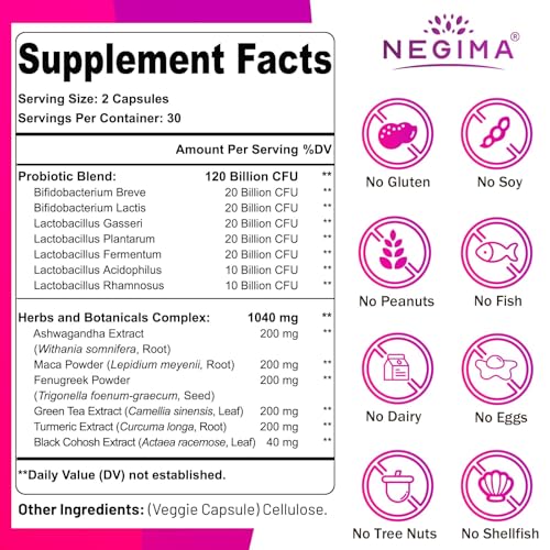 Negima menopause label-info details a 13-in-1 blend of probiotics and herbal ingredients