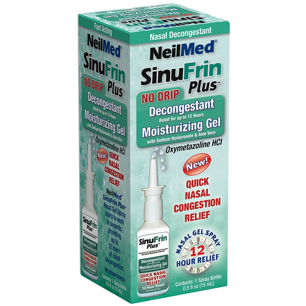 NeilMed Sinufrin Plus bottle pour demonstrates quick, no-drip nasal relief.