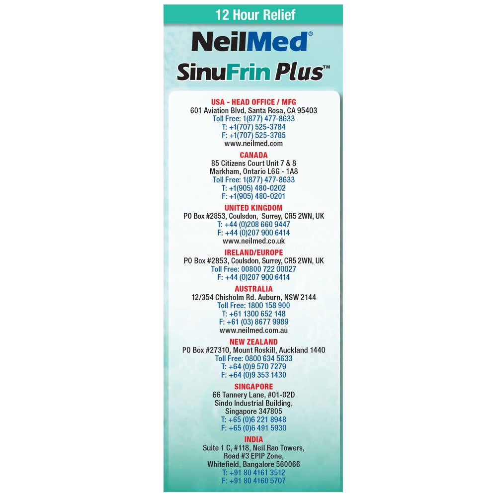 NeilMed Sinufrin Plus safety-cap closeup conveys secure, leak-free packaging for travel.